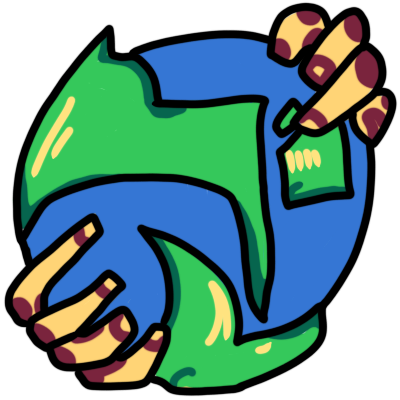 A stylised illustration of the earth with two hands, one on either side, grabbing it . it has black outlines